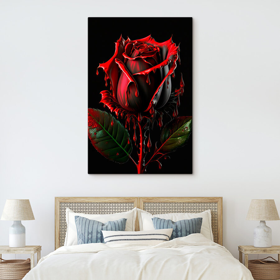 Une rose rouge avec des feuilles vertes et des gouttes de peinture rouge Une rose rouge avec des feuilles vertes et des gouttes de peinture rouge