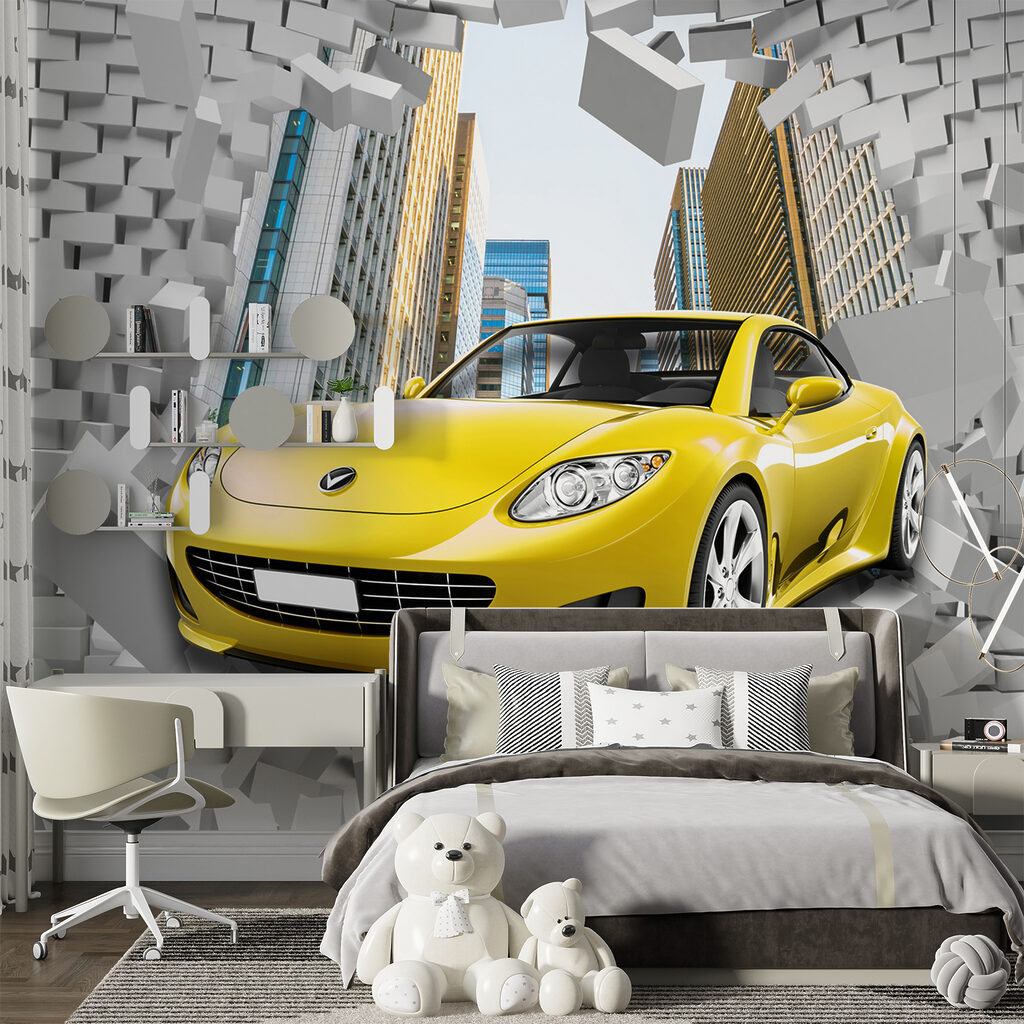 Yellow car in a wall of bricks Yellow car in a wall of bricks