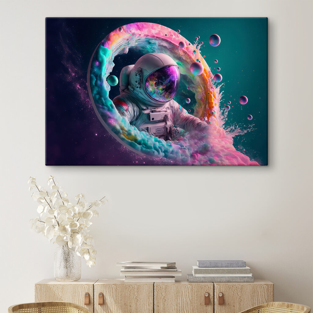 An astronaut in a colorful circle