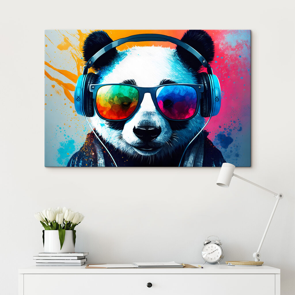A panda wearing headphones and sunglasses
