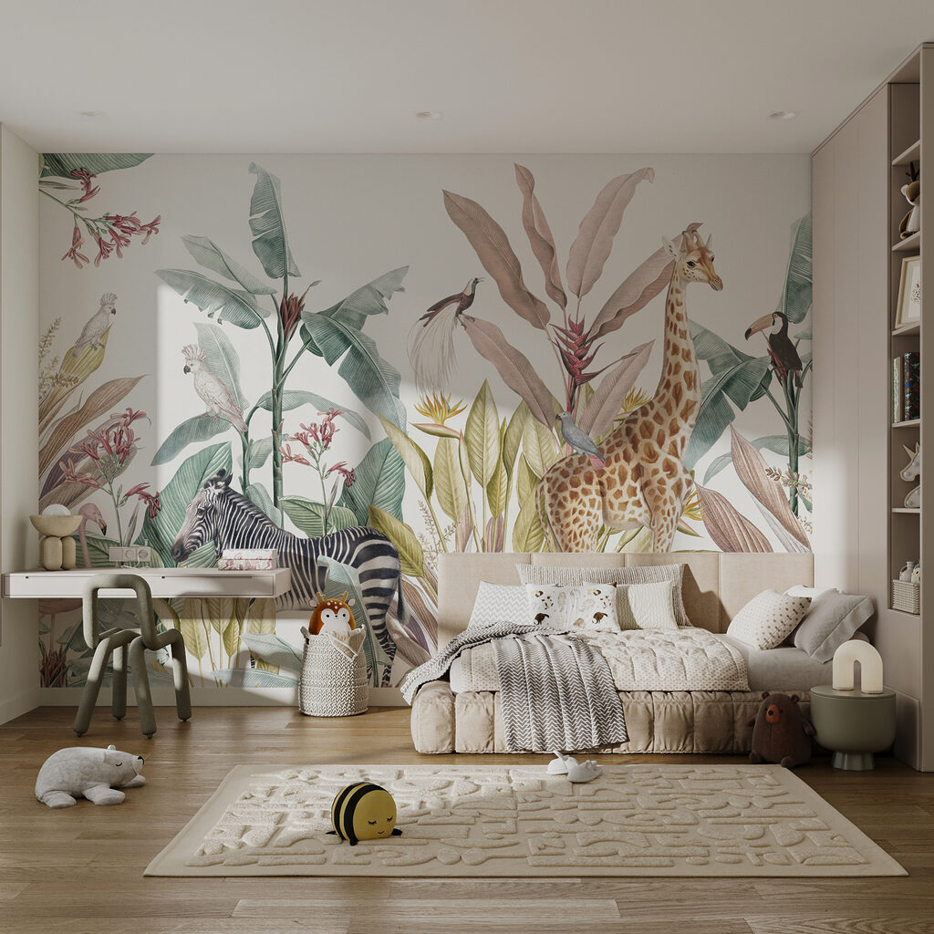 Wallpaper with zebras and birds