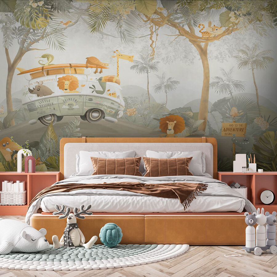 Papier peint avec des animaux et des arbres