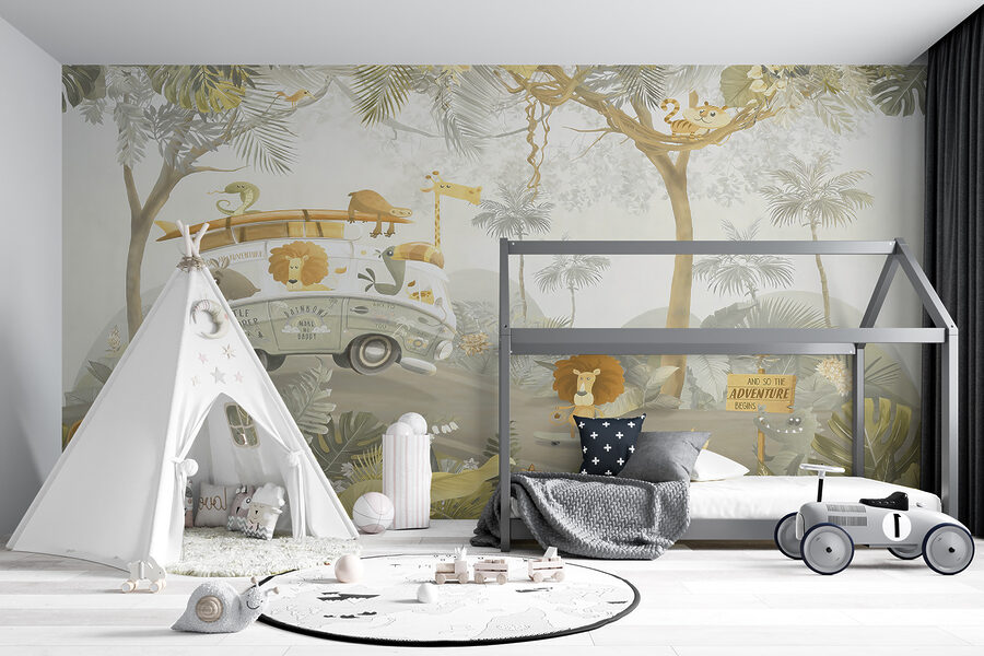 Papier peint avec des animaux et des arbres