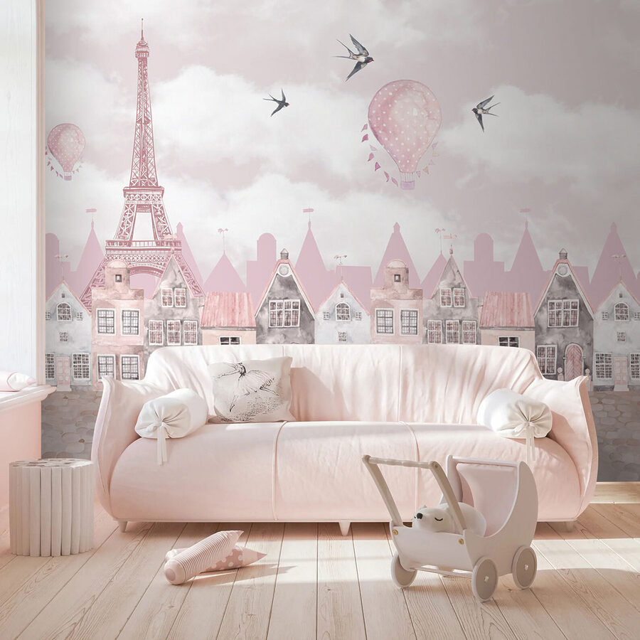 Papier peint Paysage urbain rose et blanc avec des ballons roses et des oiseaux en vol – Image 3