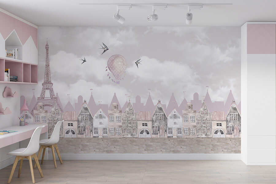 Papier peint Paysage urbain rose et blanc avec des ballons roses et des oiseaux en vol – Image 5