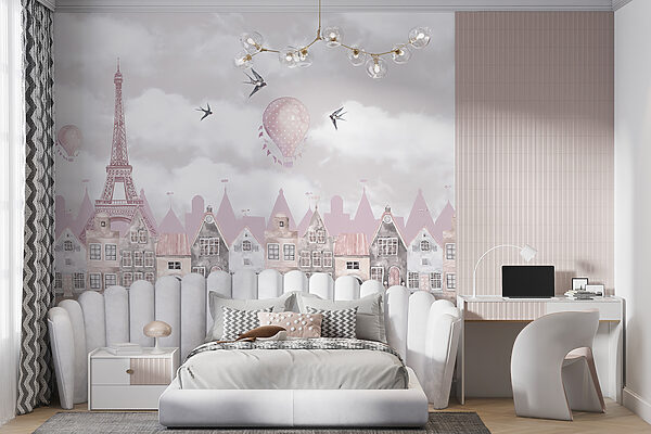 Paysage urbain rose et blanc avec des ballons roses et des oiseaux en vol Paysage urbain rose et blanc avec des ballons roses et des oiseaux en vol