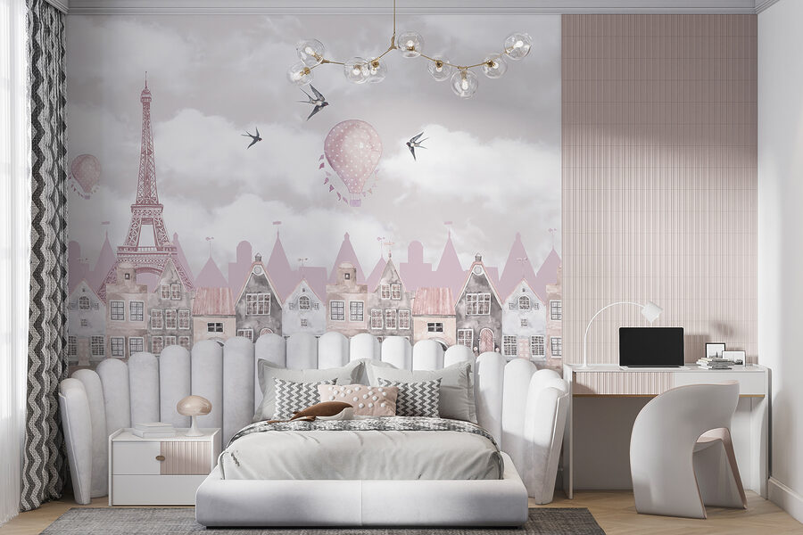 Papier peint Paysage urbain rose et blanc avec des ballons roses et des oiseaux en vol – Image 6