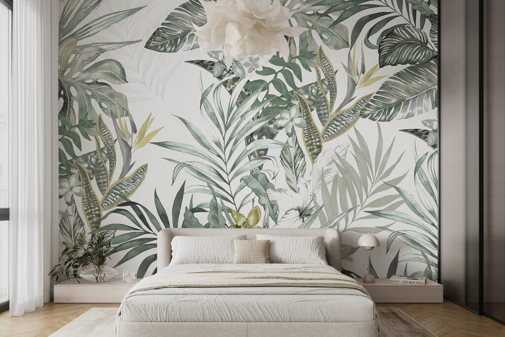 Wallpaper with leaves and flowers