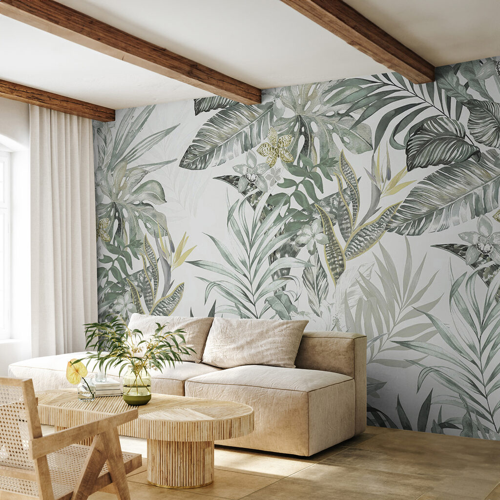 Wallpaper with leaves and flowers