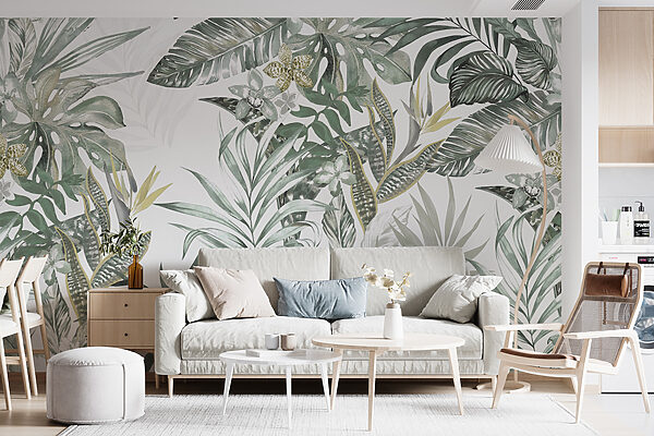 Papier peint avec des feuilles et des fleurs Papier peint avec des feuilles et des fleurs