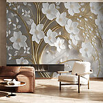 Papier peint Arbre avec des fleurs et des feuilles blanches