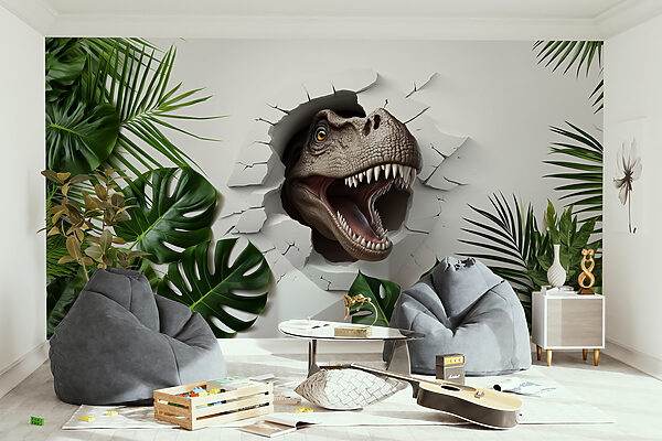 Tête de dinosaure sortant d'un trou dans un mur Tête de dinosaure sortant d'un trou dans un mur