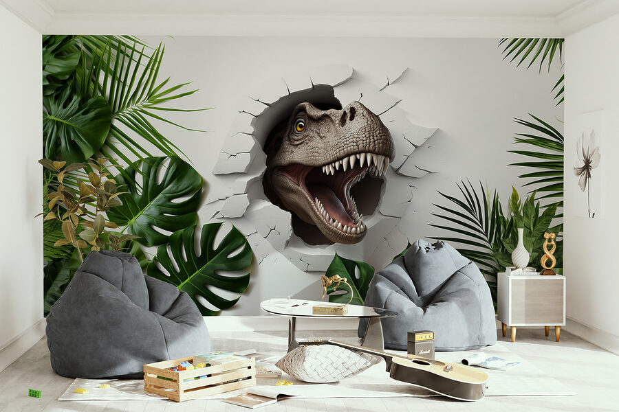 Tête de dinosaure sortant d'un trou dans un mur