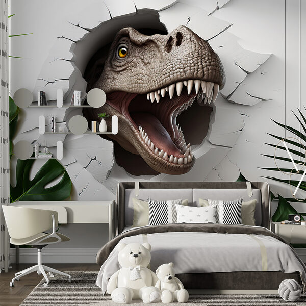 Tête de dinosaure sortant d'un trou dans un mur Tête de dinosaure sortant d'un trou dans un mur