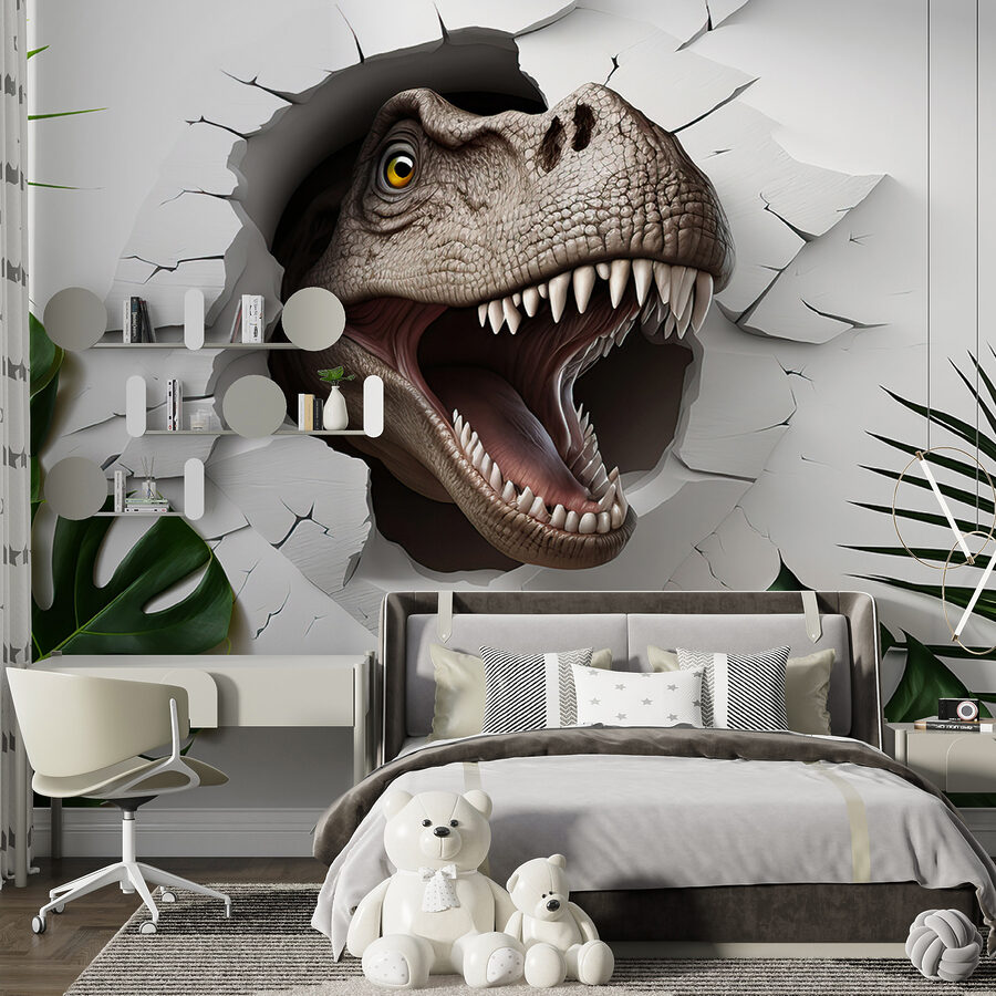 Tête de dinosaure sortant d'un trou dans un mur