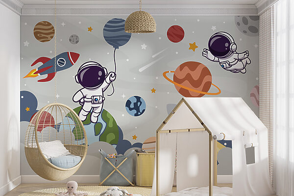Dessin animé d'un astronaute dans l'espace avec des planètes et une fusée volant dans le ciel Dessin animé d'un astronaute dans l'espace avec des planètes et une fusée volant dans le ciel