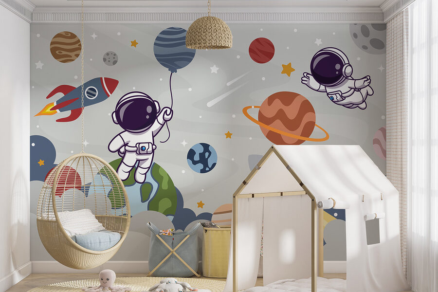 Papier peint Dessin animé d'un astronaute dans l'espace avec des planètes et une fusée volant dans le ciel – Image 5