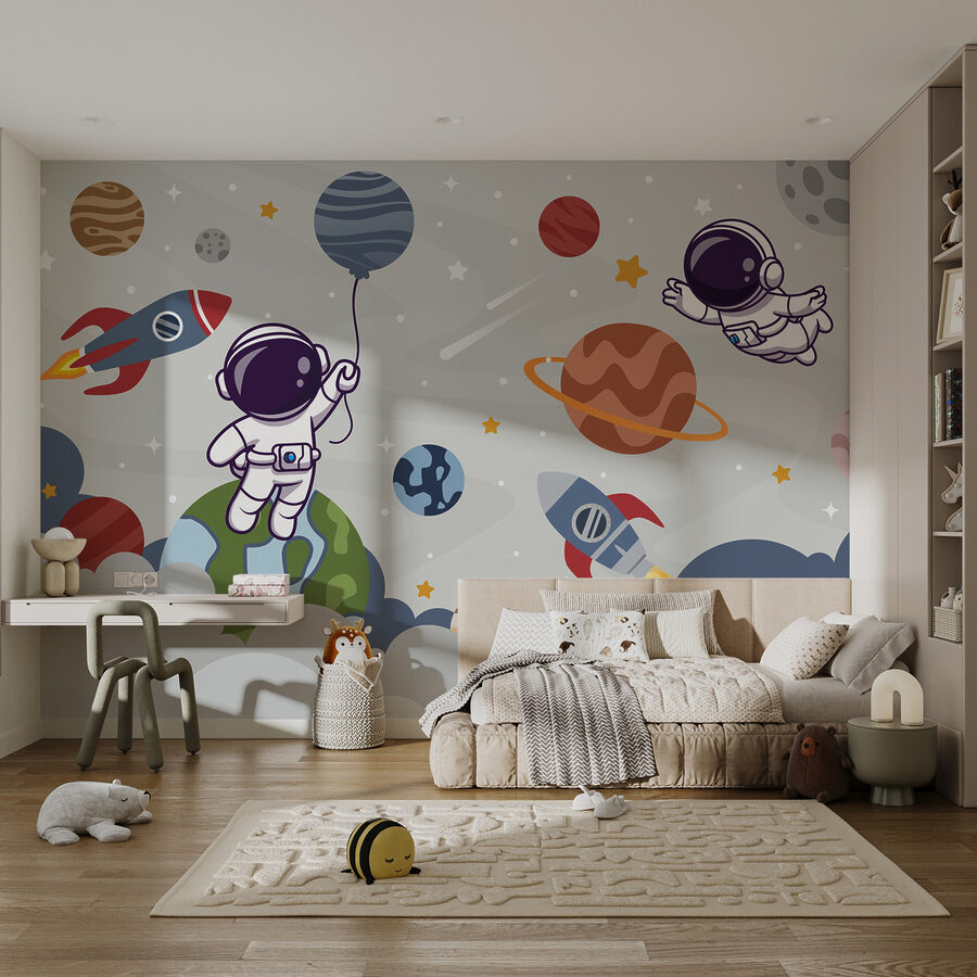 Papier peint Dessin animé d'un astronaute dans l'espace avec des planètes et une fusée volant dans le ciel – Image 6