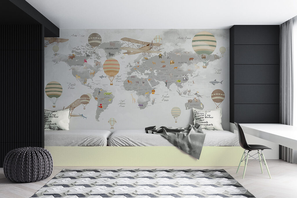Map of the world with animals and hot air balloons Map of the world with animals and hot air balloons