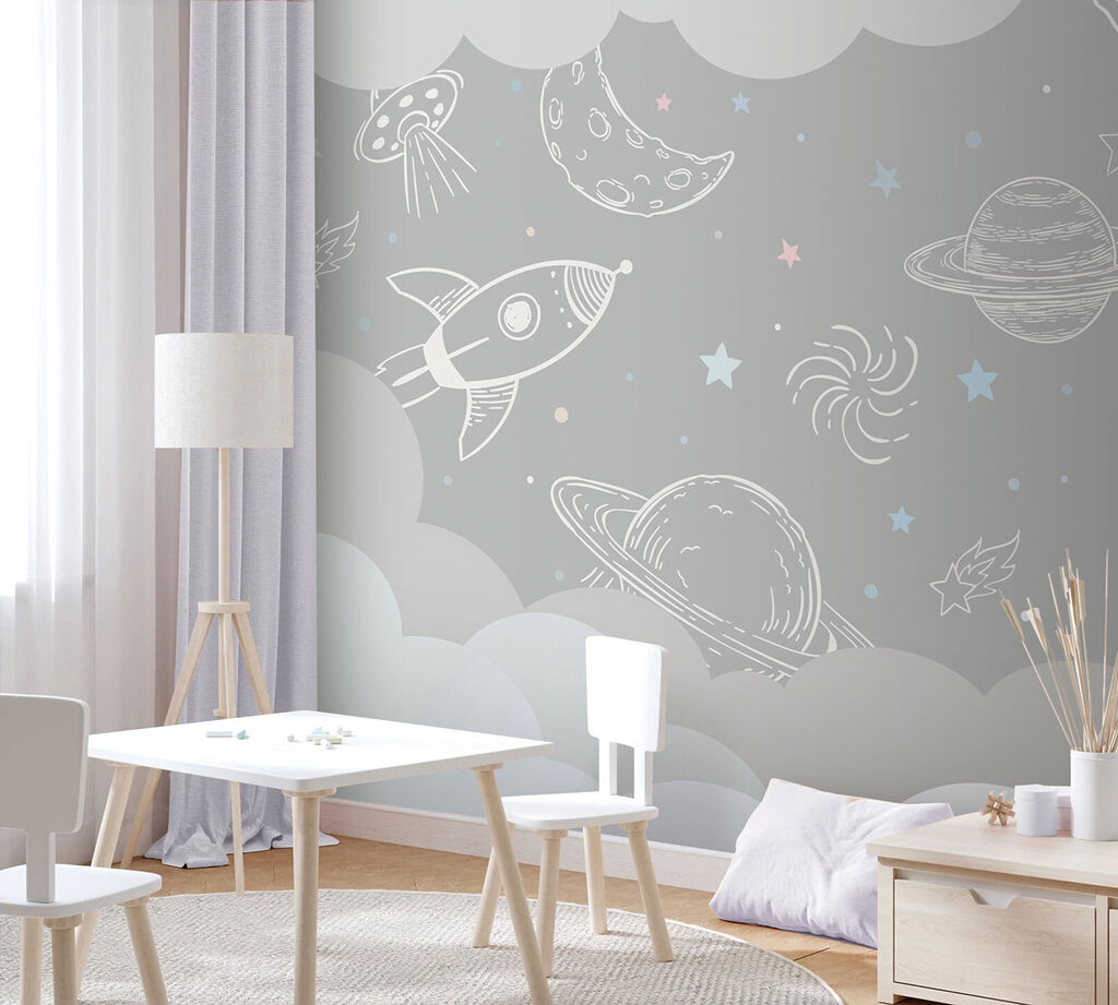 Grey background with clouds and rockets Grey background with clouds and rockets