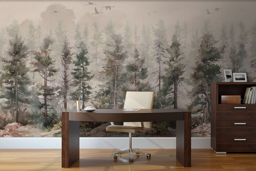 Aquarelle d'arbres et d'oiseaux volant au-dessus d'une forêt brumeuse