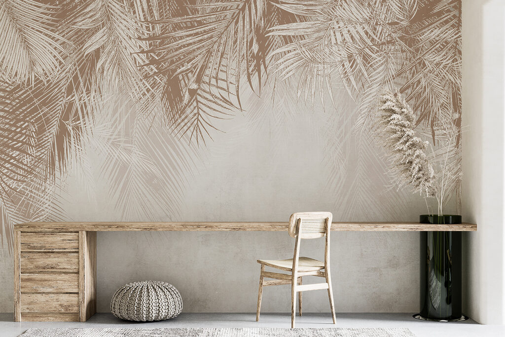 White and brown background with palm leaves