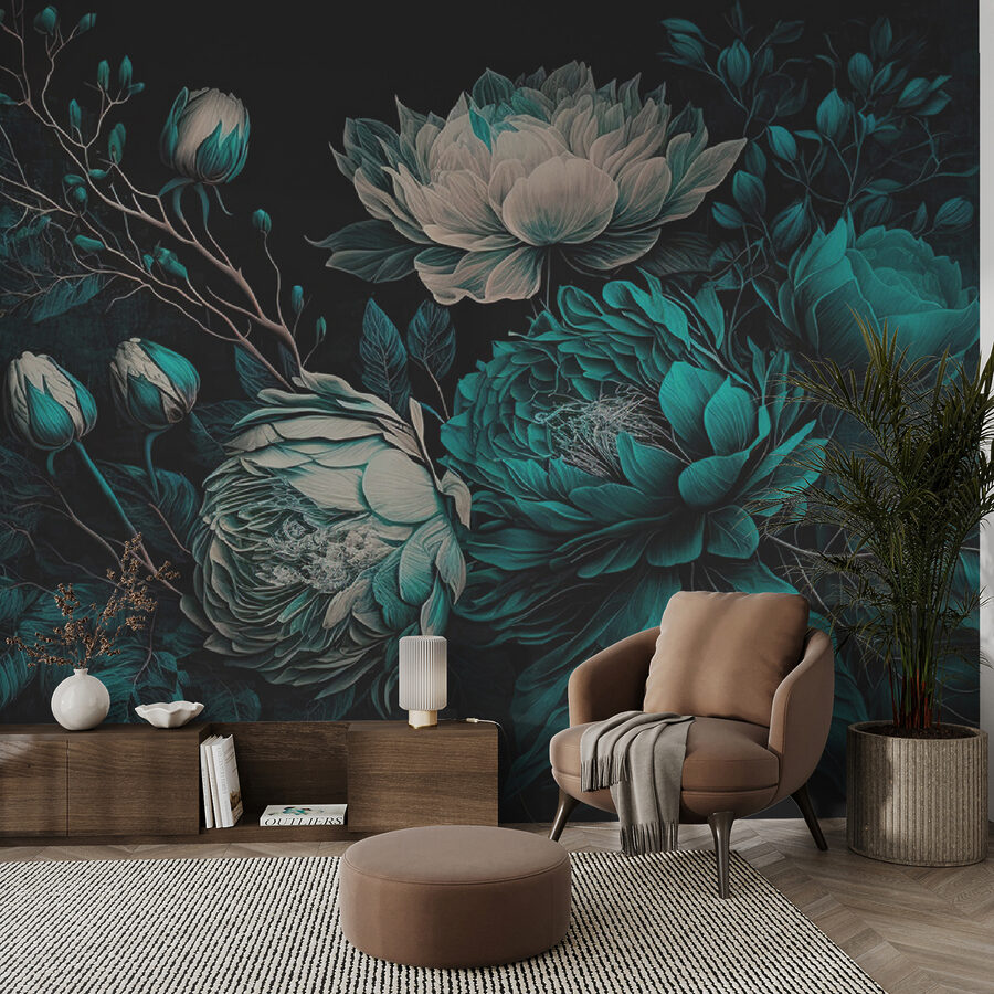 Papier peint Fleurs d'émeraude sur fond sombre. – Image 4