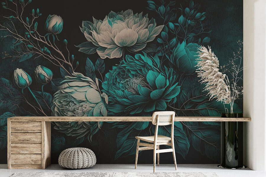 Papier peint Fleurs d'émeraude sur fond sombre. – Image 5