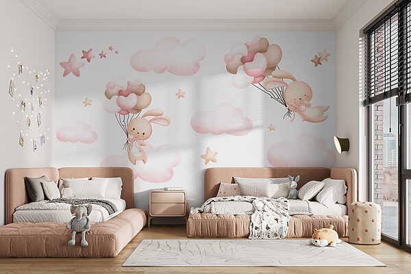Groupe de nuages roses et lapin tenant des ballons Groupe de nuages roses et lapin tenant des ballons