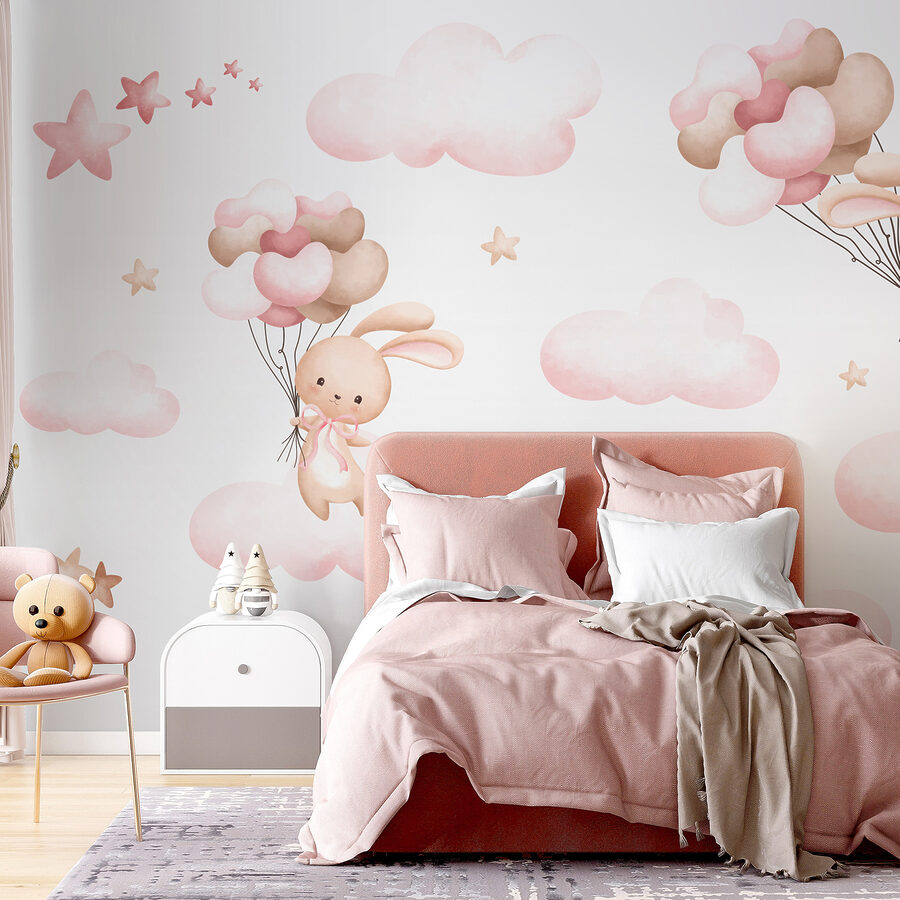 Groupe de nuages roses et lapin tenant des ballons