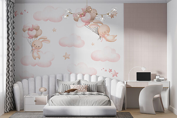 Groupe de nuages roses et lapin tenant des ballons Groupe de nuages roses et lapin tenant des ballons
