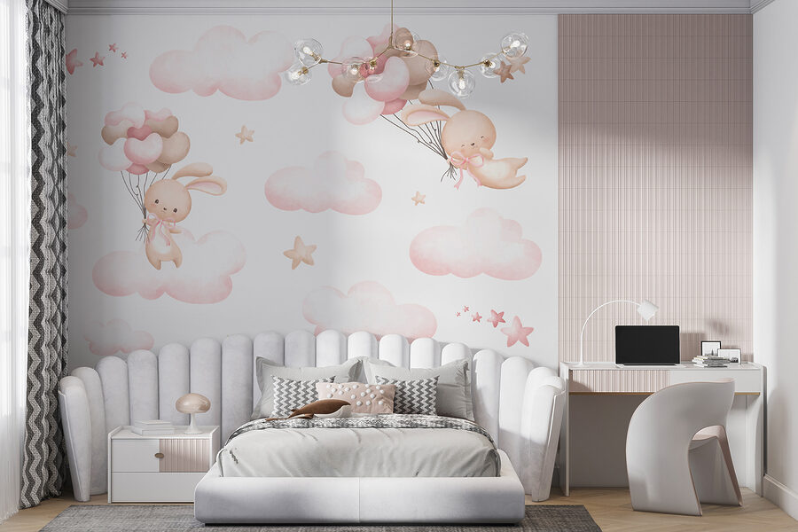 Groupe de nuages roses et lapin tenant des ballons