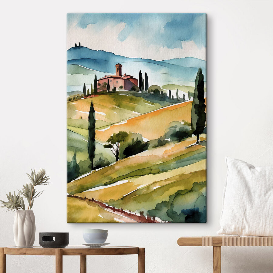Aquarelle d'une maison sur une colline avec des arbres et des collines