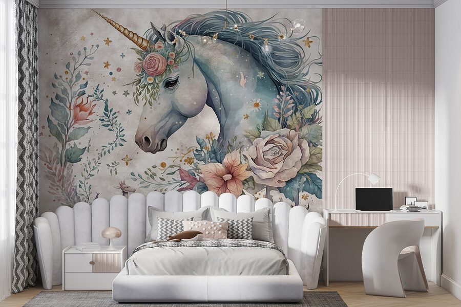 Licorne avec fleurs et feuilles Licorne avec fleurs et feuilles