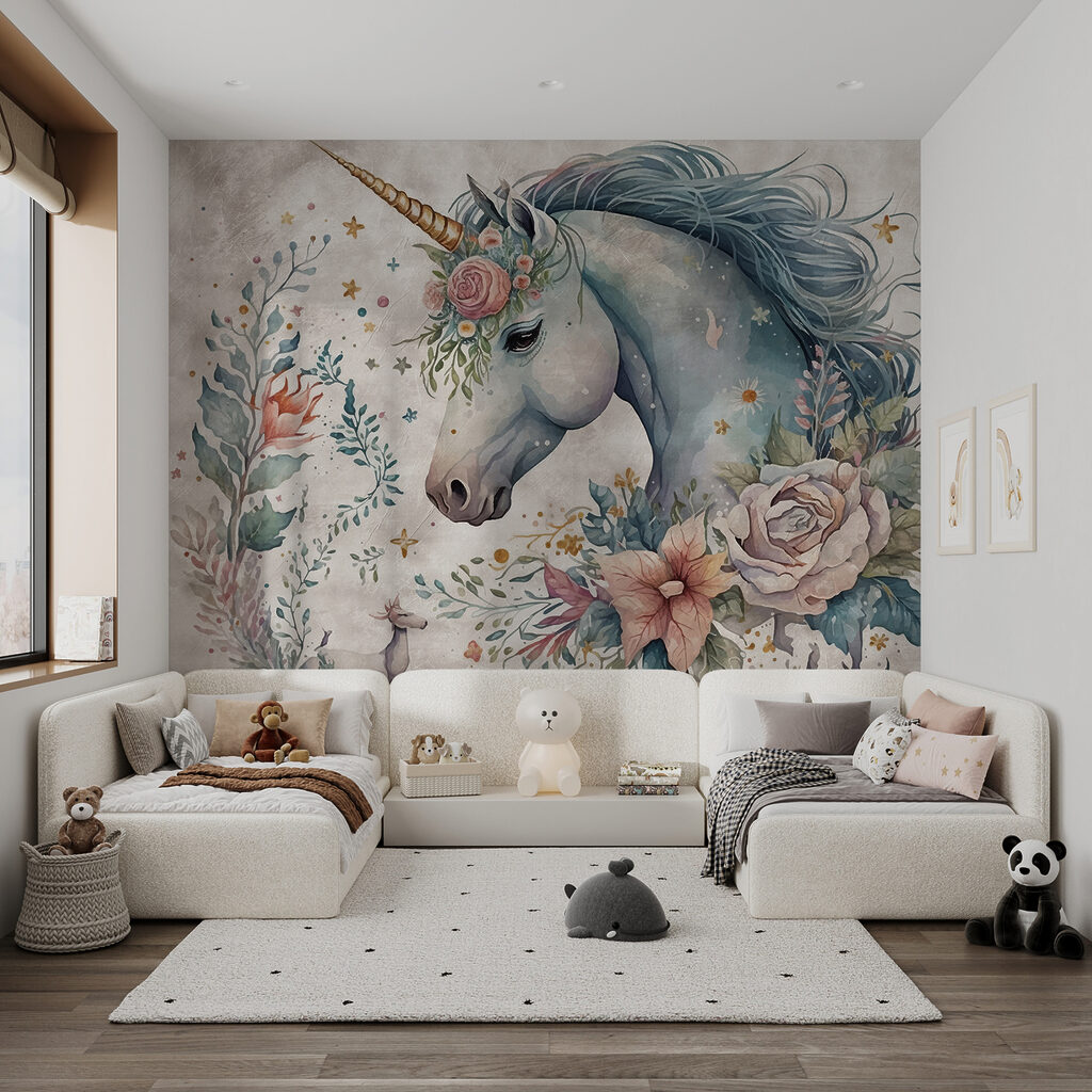 Unicorn with flowers and leaves