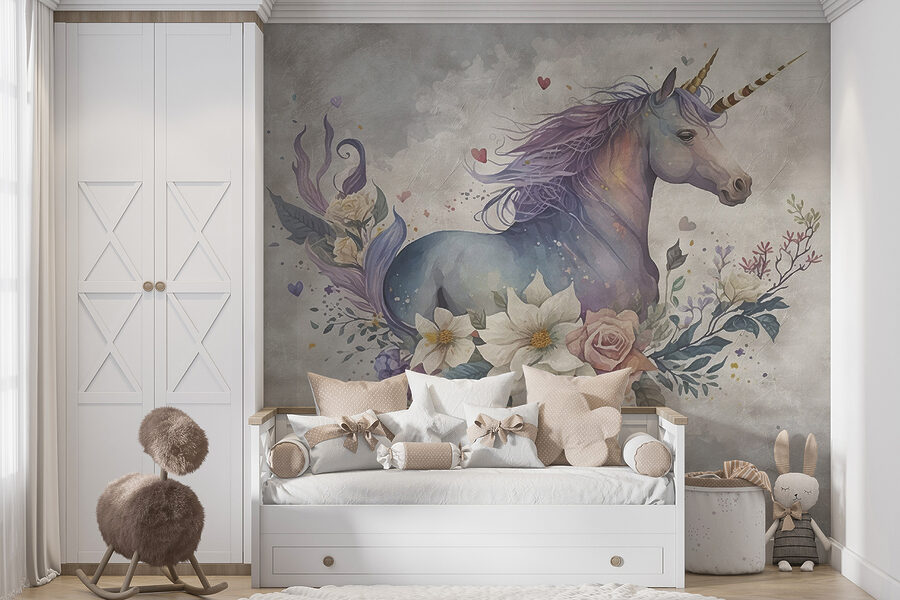 Une licorne avec des fleurs et des feuilles Une licorne avec des fleurs et des feuilles