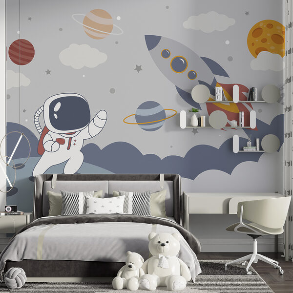 Caricature d'un astronaute marchant sur une planète avec une fusée dans le ciel Caricature d'un astronaute marchant sur une planète avec une fusée dans le ciel