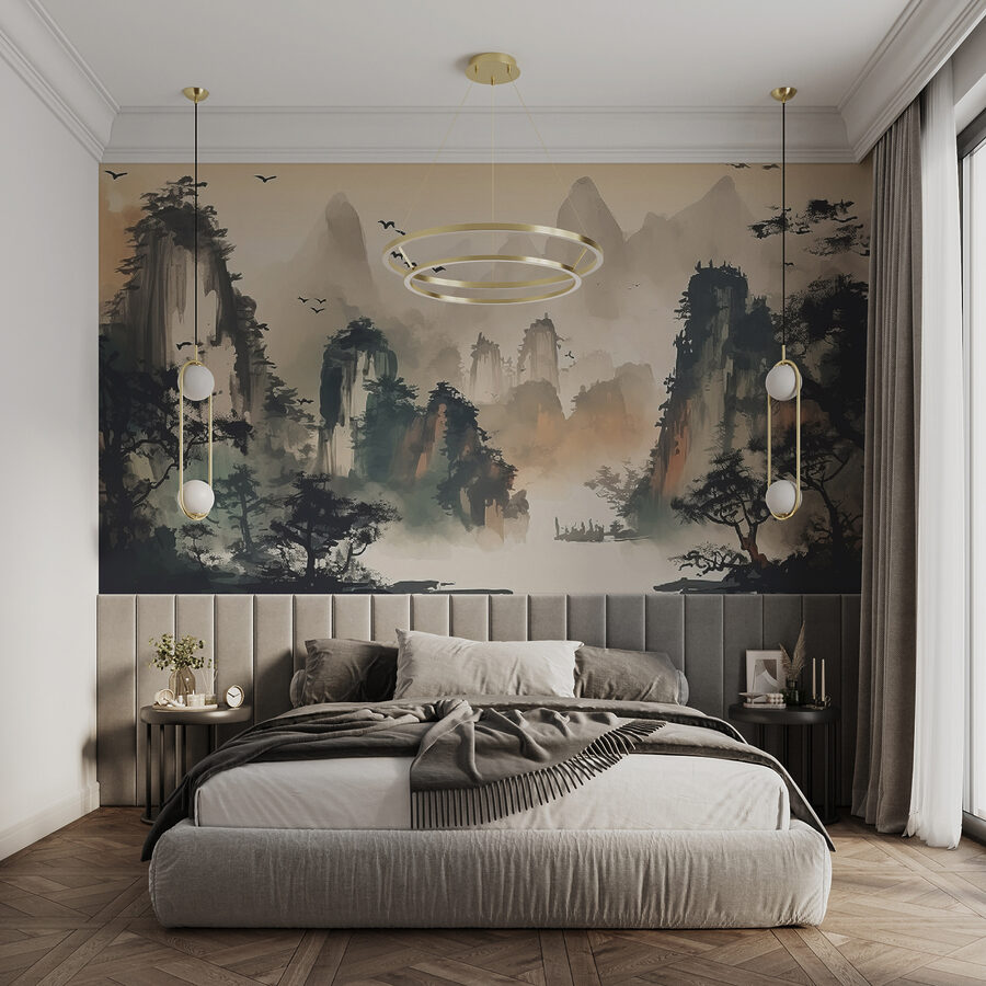 Peinture de montagnes et d'arbres