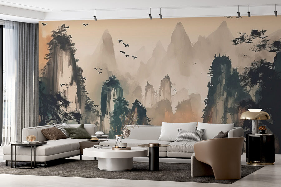 Peinture de montagnes et d'arbres