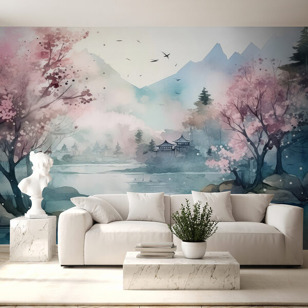 Aquarelle d'un lac avec arbres et montagnes Aquarelle d'un lac avec arbres et montagnes