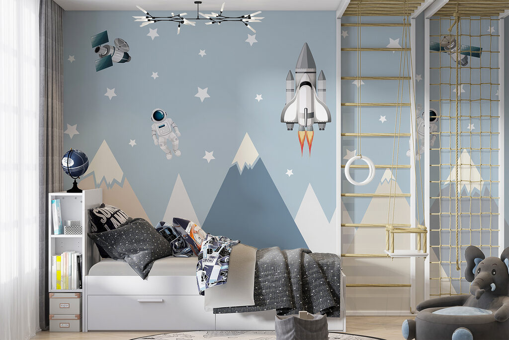 Space shuttle and astronaut in the sky