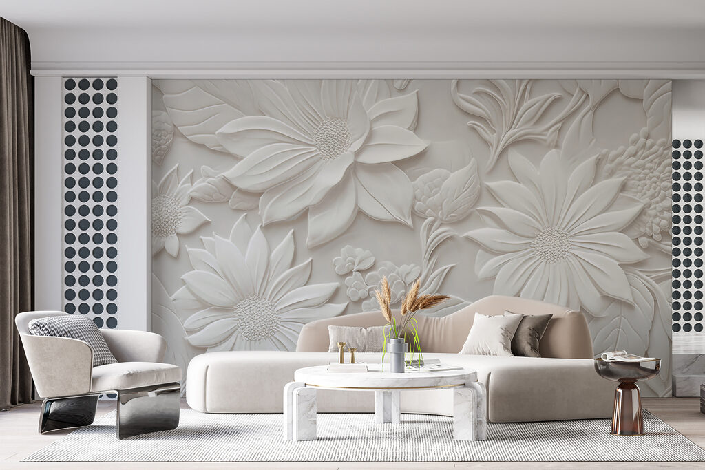 White wall with flowers and leaves White wall with flowers and leaves