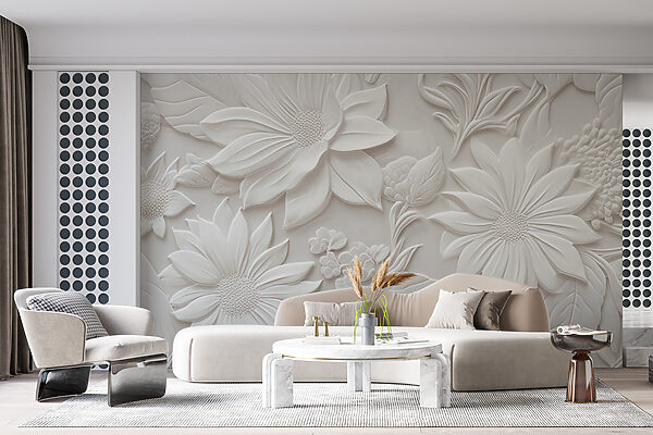 White wall with flowers and leaves White wall with flowers and leaves