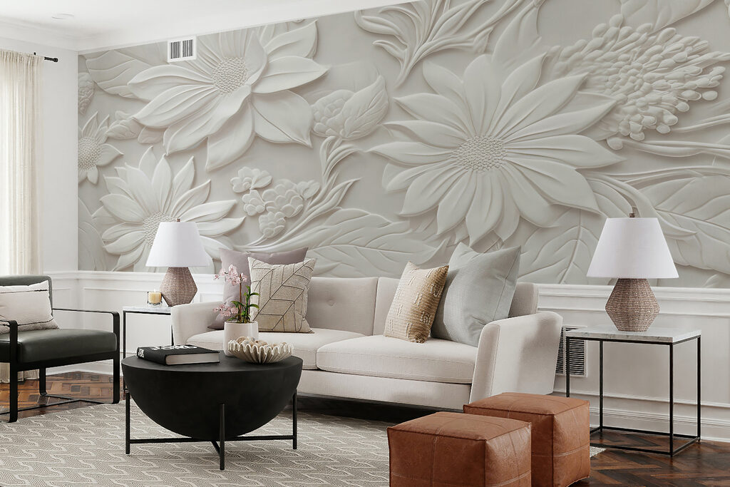 White wall with flowers and leaves White wall with flowers and leaves