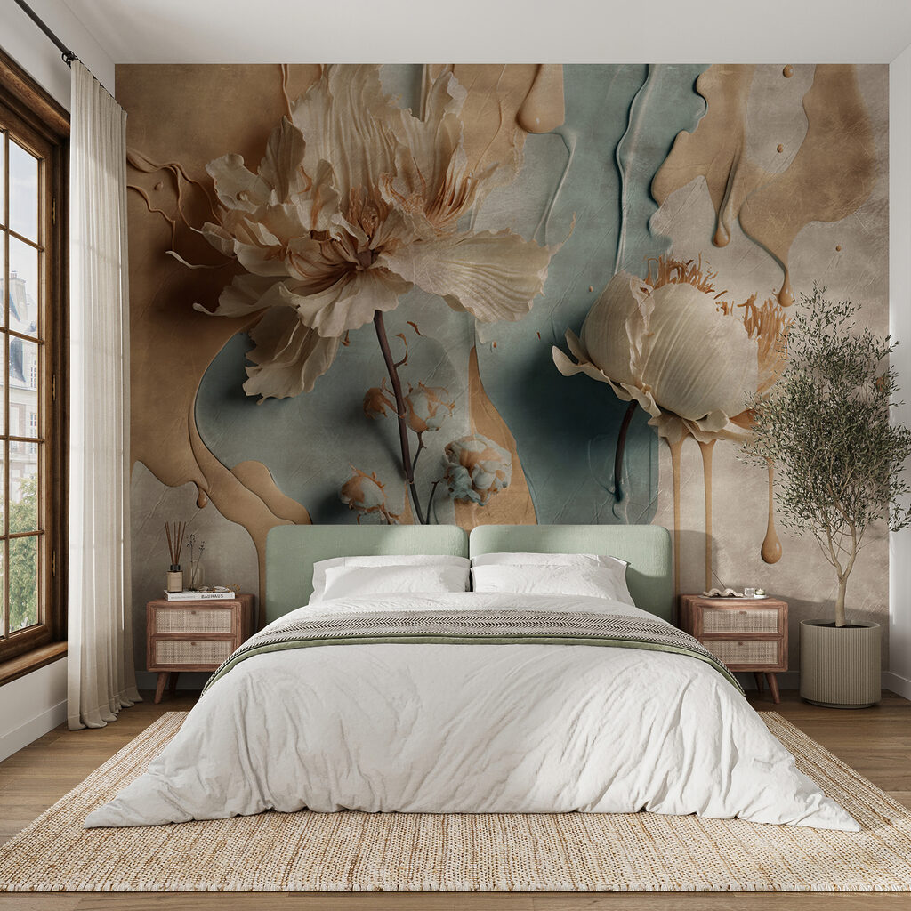 White flowers on a blue and white background