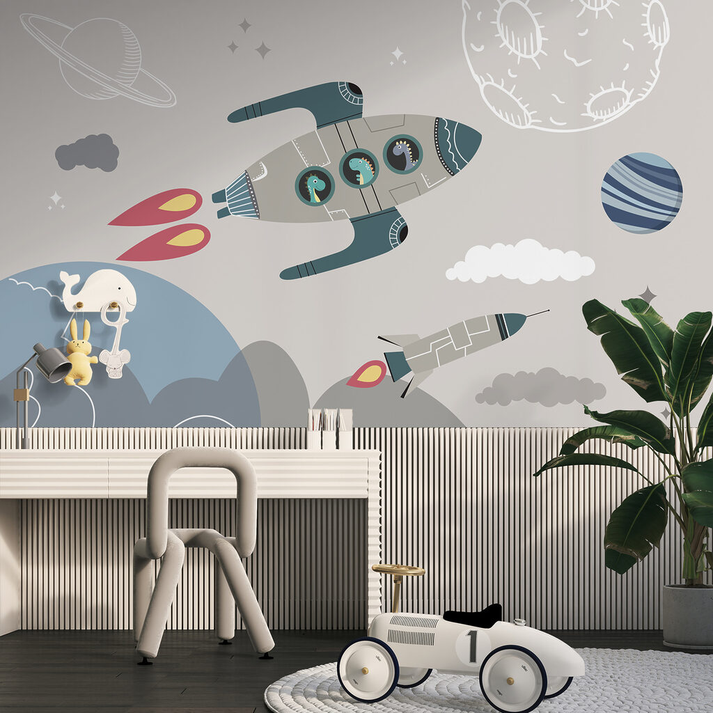 Cartoon rocket ship and rockets in the sky