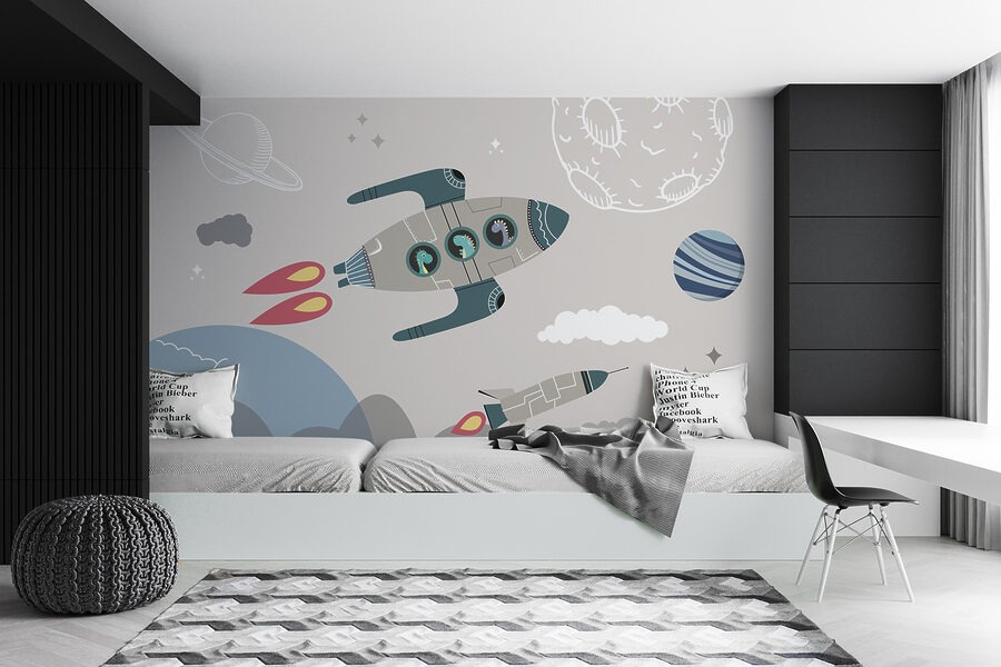 Fusée de dessin animé et fusées dans le ciel