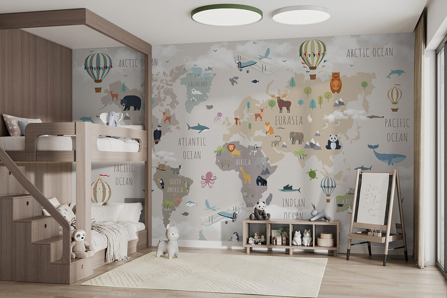 Carte du monde avec animaux et oiseaux
