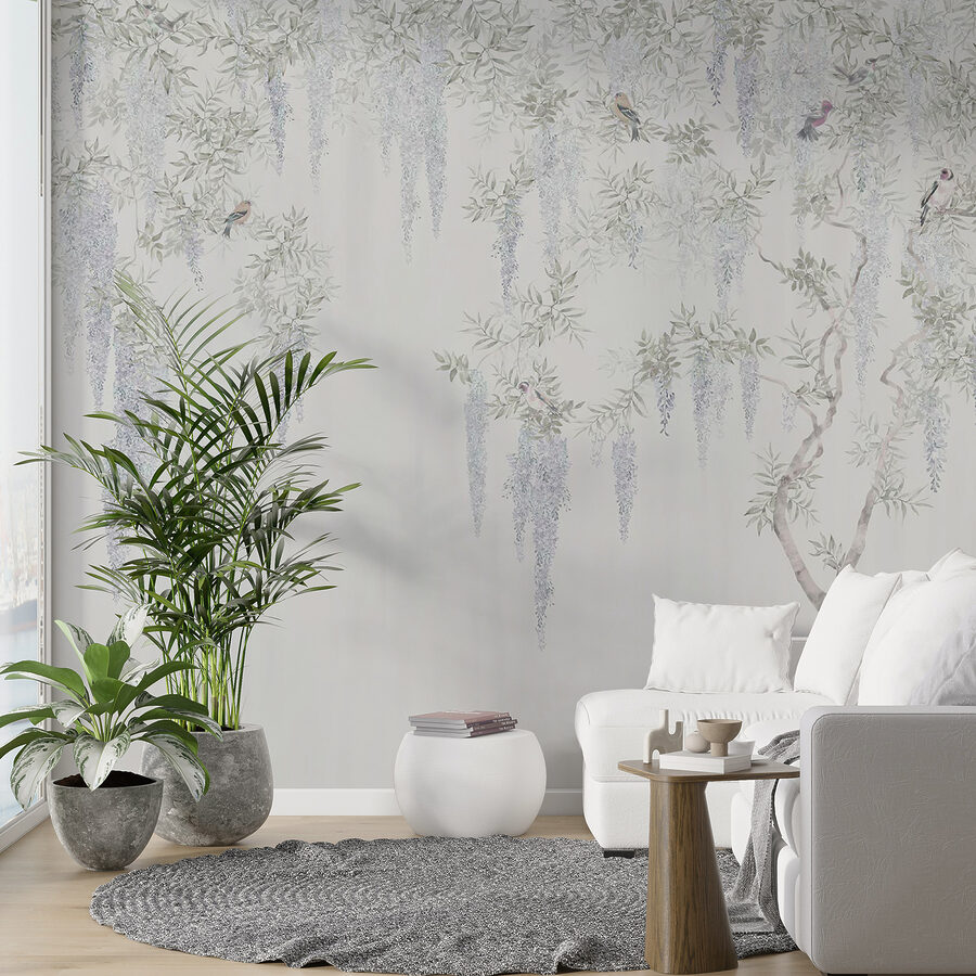 Papier peint avec des fleurs et des oiseaux