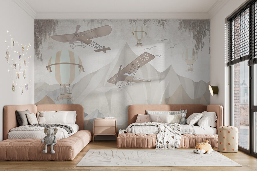 Peinture d'avions survolant des montagnes